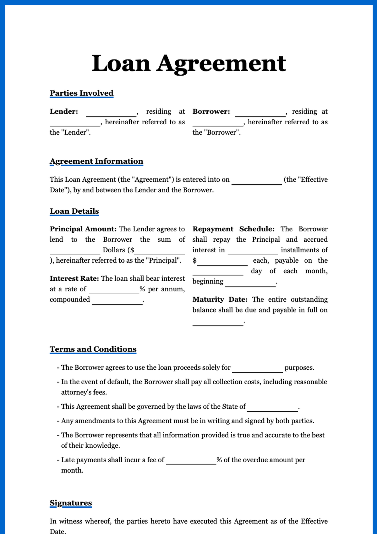 Formal loan agreement template with fillable fields for parties and loan details_variant_1